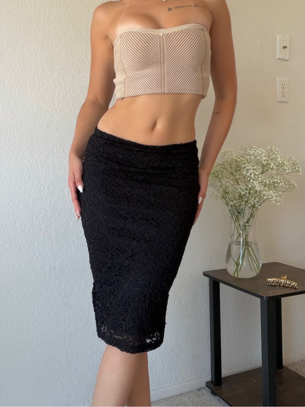 Vintage Black Lace Pencil Skirt